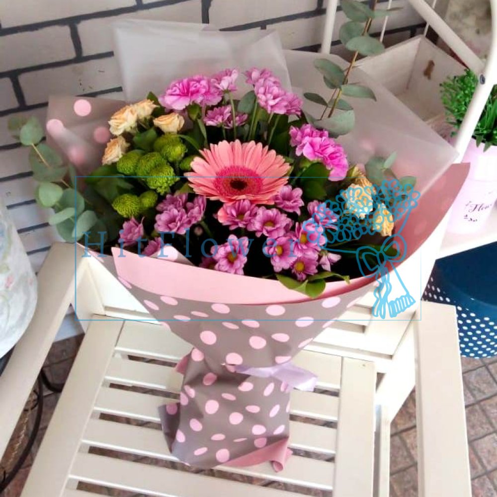 Букет цветов из: Розы, Хризантемы и Герберы